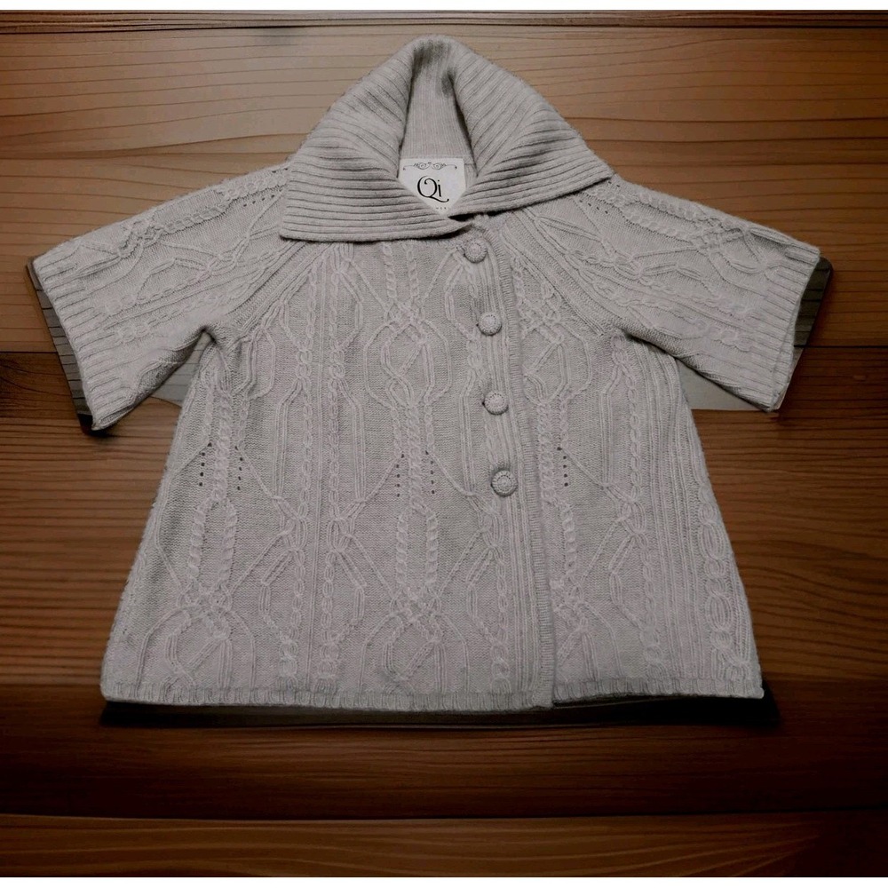 Qi Cashmere Fabric Button Cardigan Sweater Women's Beige Medium 100% Cashmere